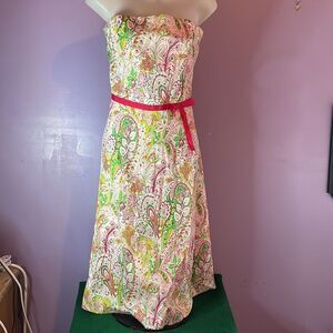Eva Franco Women's Strapless Dress Size 8 Green Pink Paisley Print Cocktail
